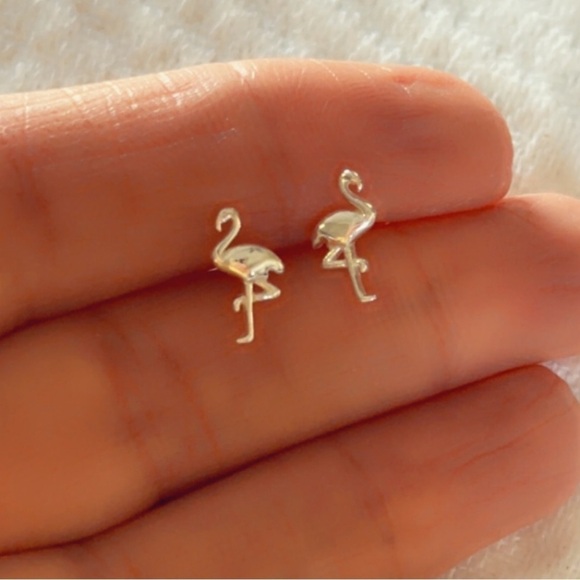 Sterling Silver Flamingo Tiny Stud Earrings - Picture 3 of 11